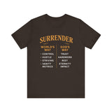 A minimalist design featuring the word "Surrender" in soft, flowing script symbolizing peace, release, and spiritual trust.