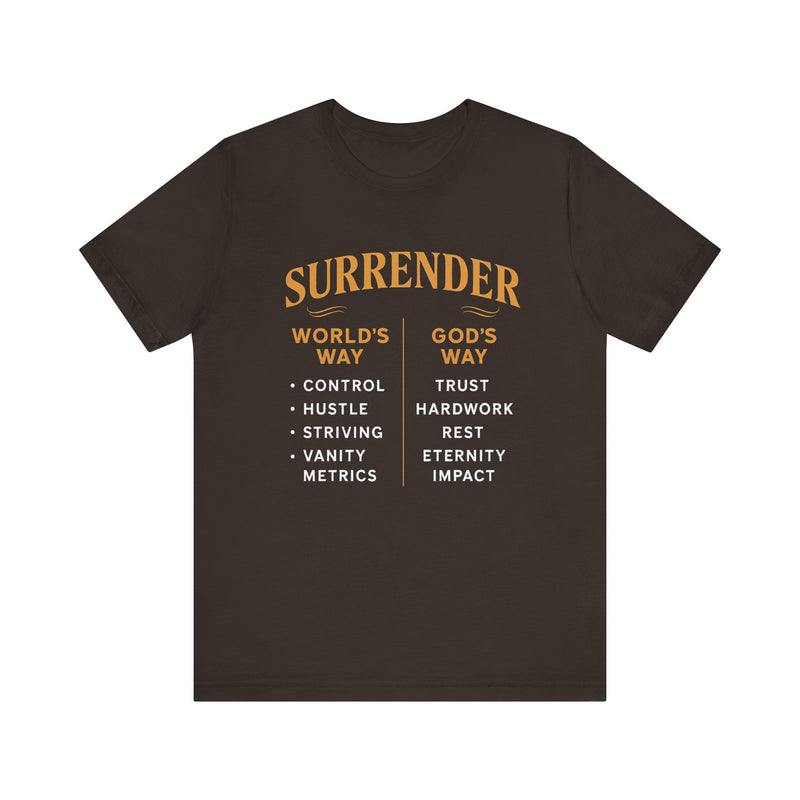 A minimalist design featuring the word "Surrender" in soft, flowing script symbolizing peace, release, and spiritual trust.