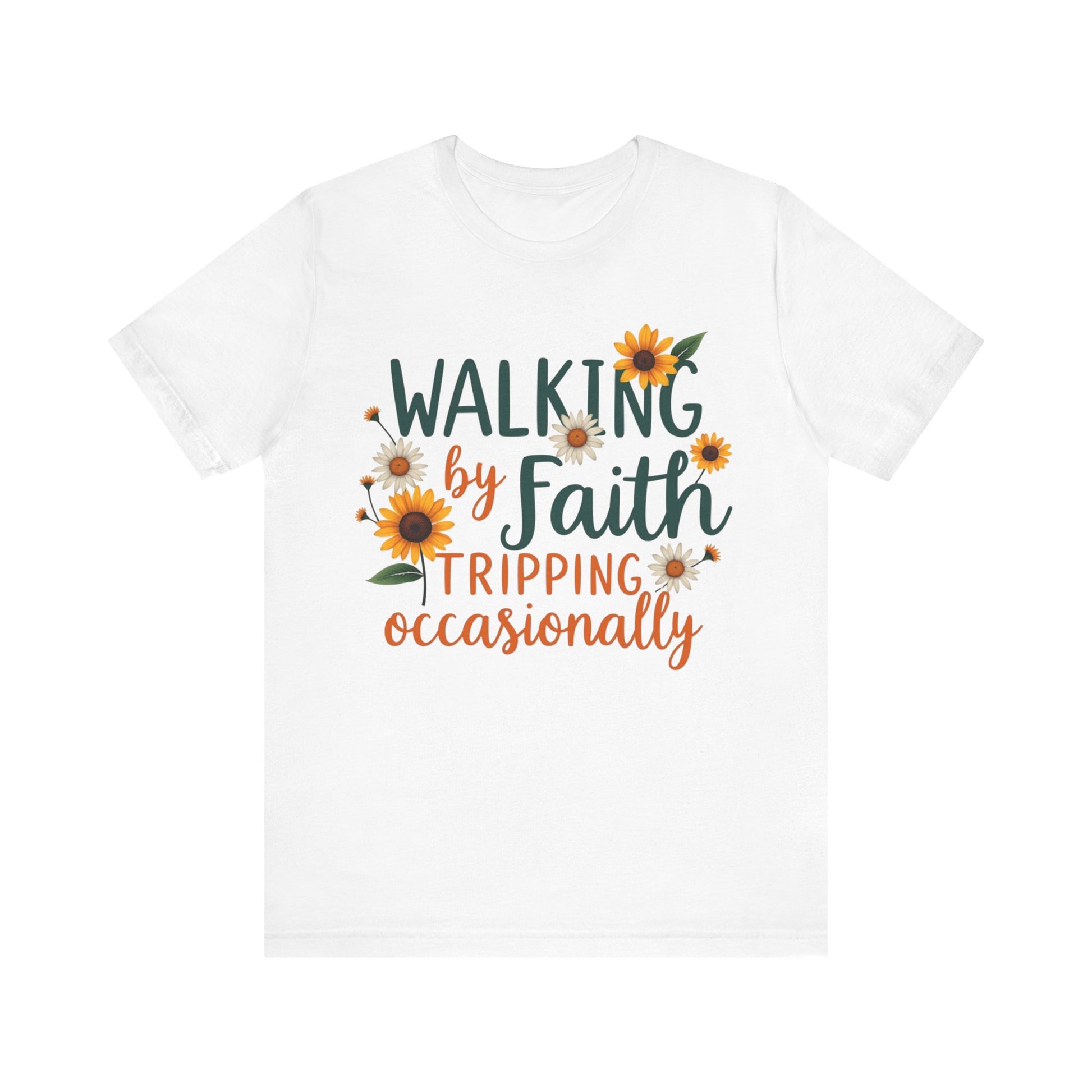 Funny Christian tee with 'Walking by Faith, Tripping Occasionally' – faith with humor design by Klippette"

