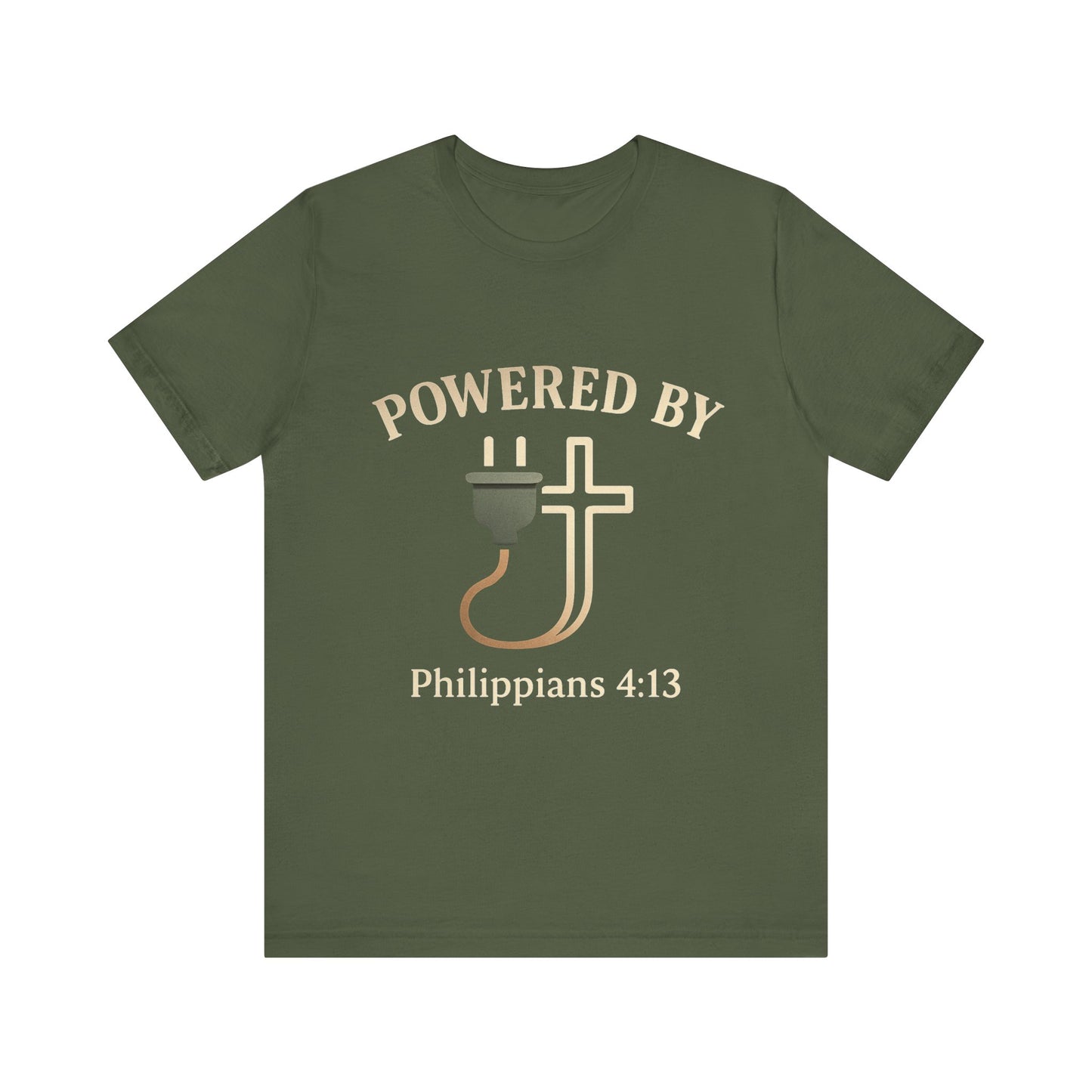 Christian t-shirt with “Powered by Philippians 4:13” text – bold faith-based apparel for men and women.