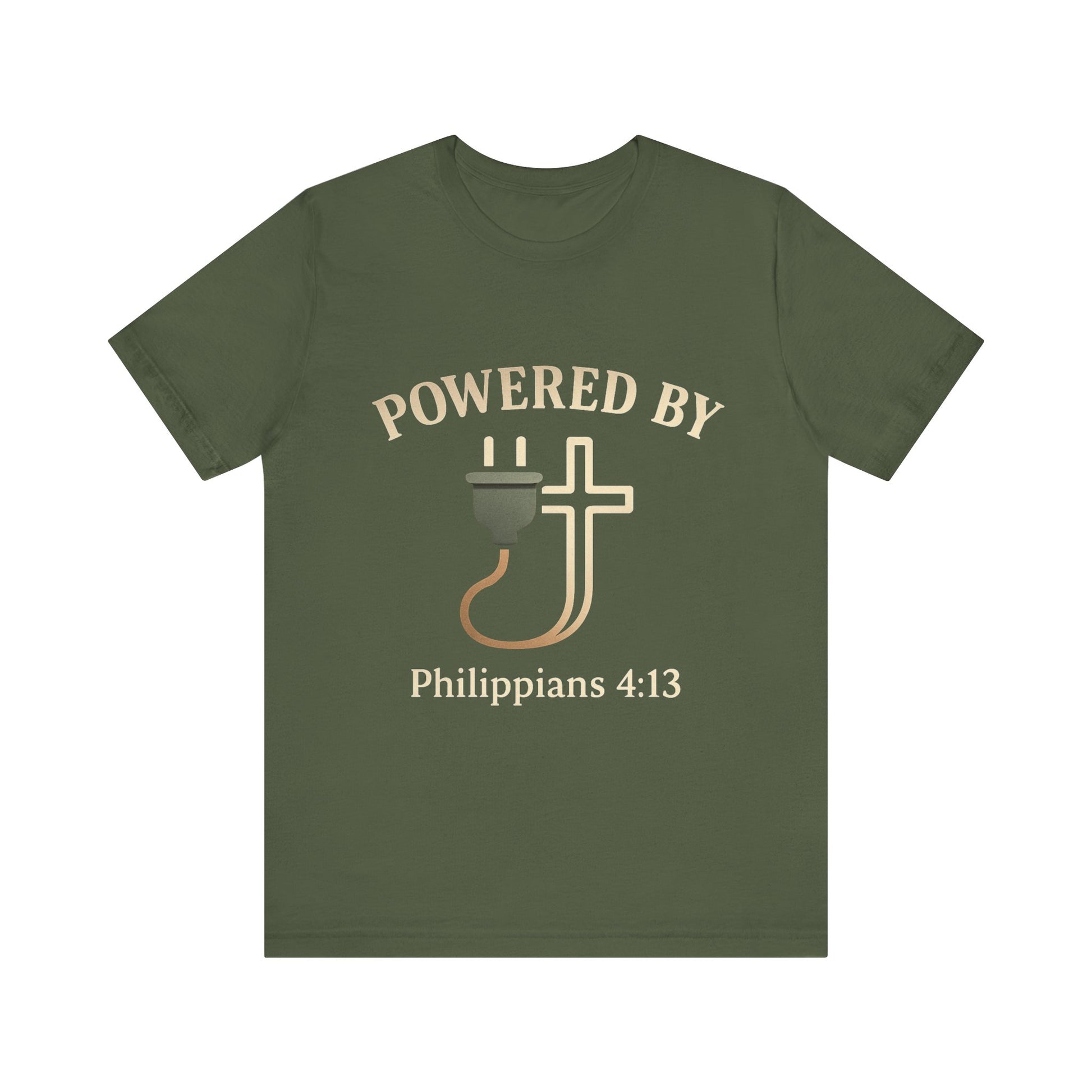 Christian t-shirt with “Powered by Philippians 4:13” text – bold faith-based apparel for men and women.