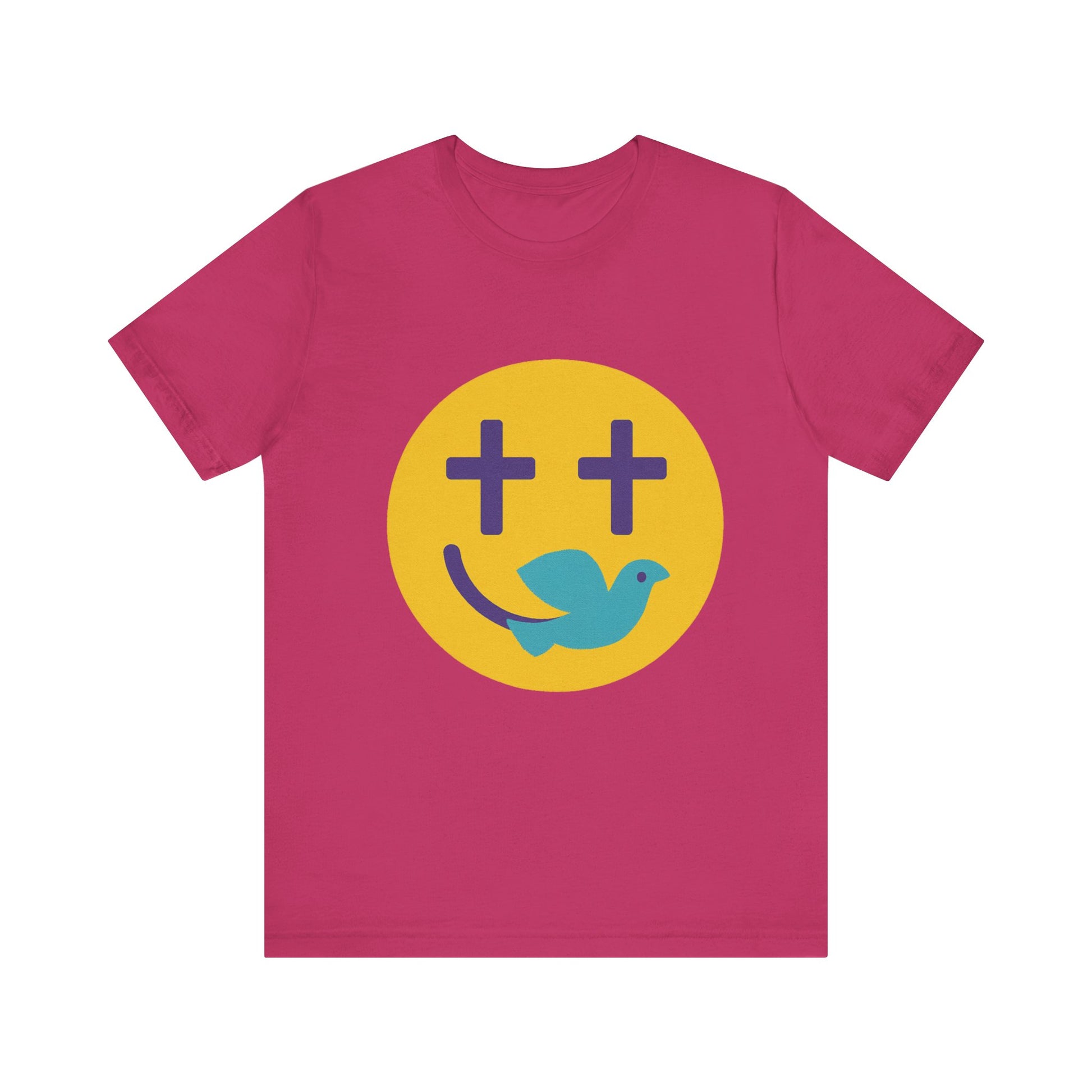 Woman wearing a navy Christian t-shirt with a smiley face design featuring purple cross eyes and a blue dove forming the smile.