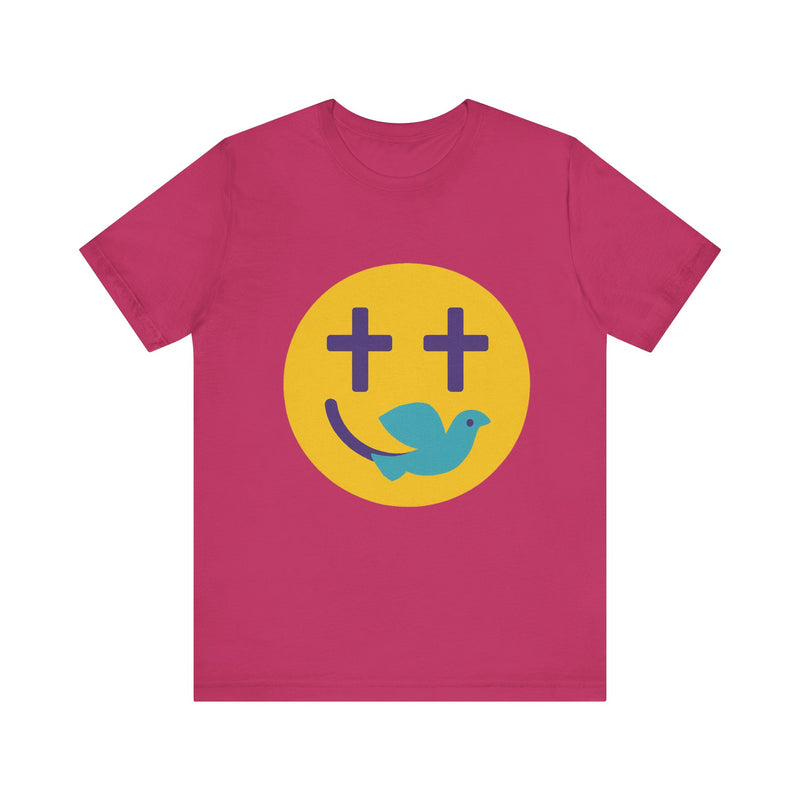 Woman wearing a navy Christian t-shirt with a smiley face design featuring purple cross eyes and a blue dove forming the smile.