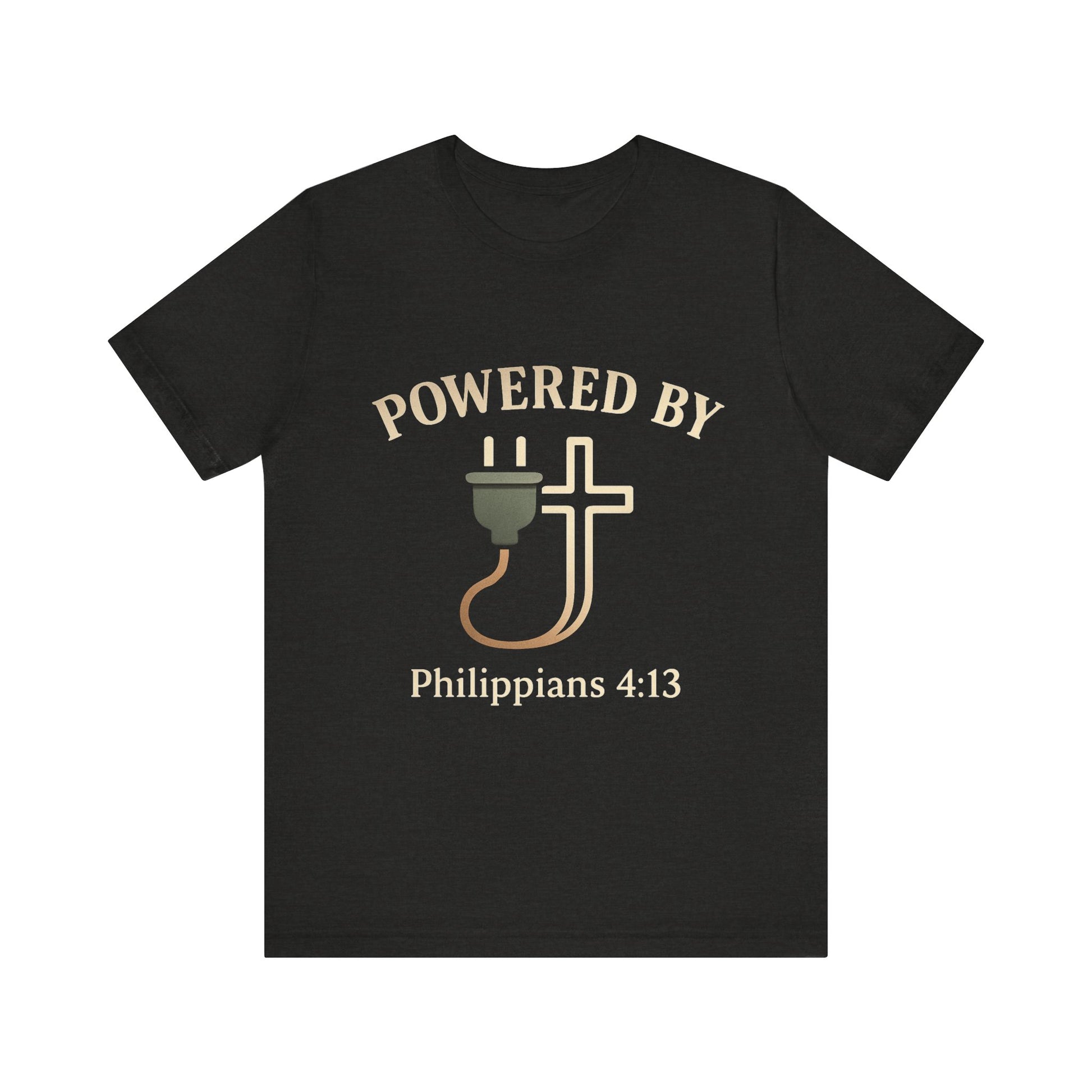 Christian t-shirt with “Powered by Philippians 4:13” text – bold faith-based apparel for men and women.