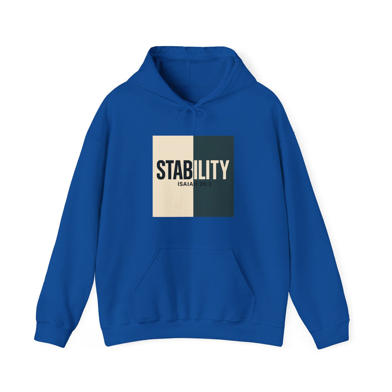A hoodie with a bold, graphic design featuring the word “STABILITY” split across two contrasting colored backgrounds, with half the word on each side. Referenced scripture Isaiah 26:3 anchors the message visually and spiritually.