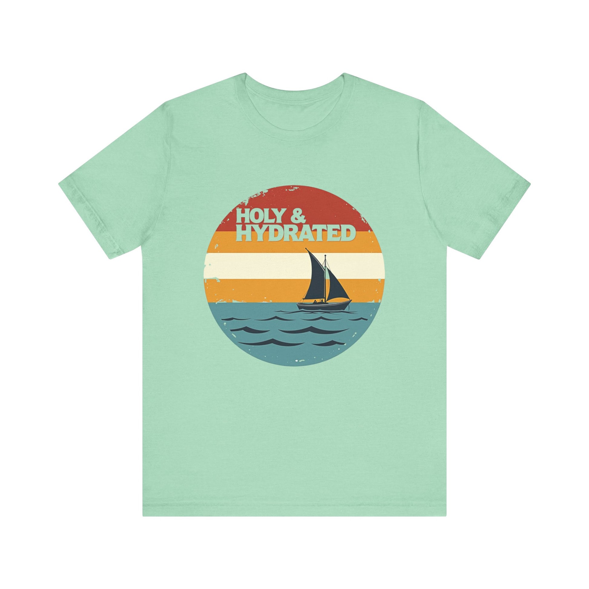 Faith-based summer t-shirt design with the phrase “Holy and Hydrated” in playful, bold lettering