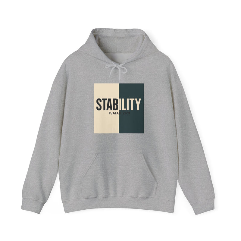 A hoodie with a bold, graphic design featuring the word “STABILITY” split across two contrasting colored backgrounds, with half the word on each side. Referenced scripture Isaiah 26:3 anchors the message visually and spiritually.
