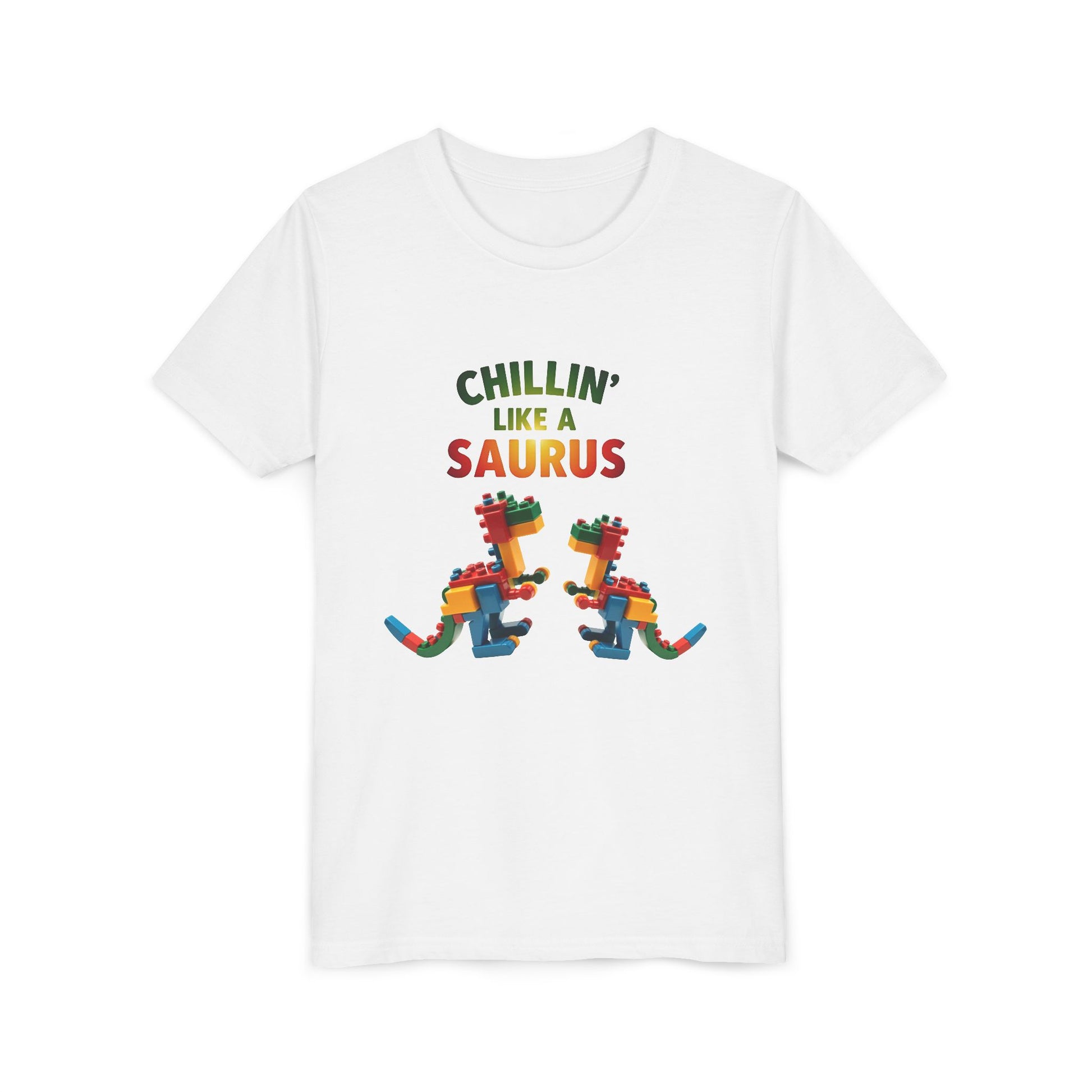Colorful toy block dinosaur with the phrase "Chillin’ Like a Saurus" – playful summer kids t-shirt design