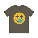 Woman wearing a navy Christian t-shirt with a smiley face design featuring purple cross eyes and a blue dove forming the smile.