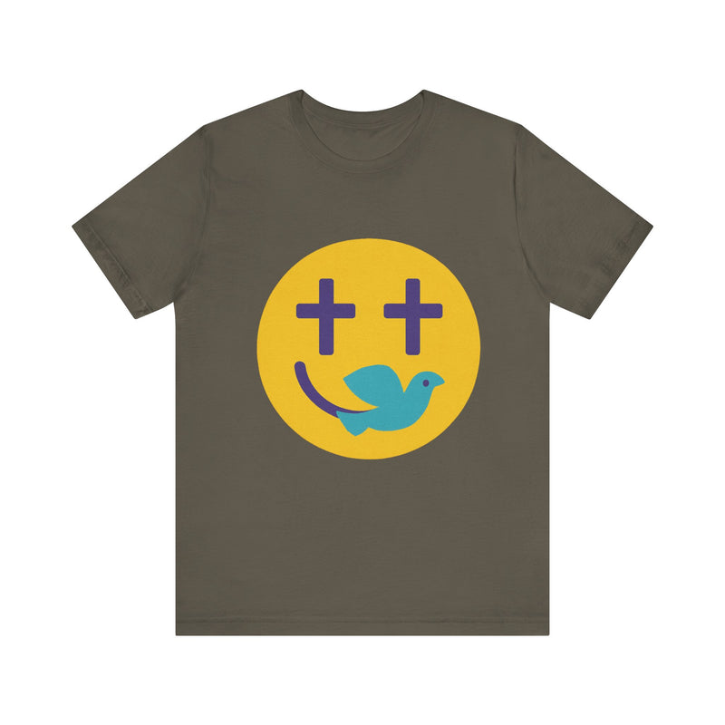 Woman wearing a navy Christian t-shirt with a smiley face design featuring purple cross eyes and a blue dove forming the smile.