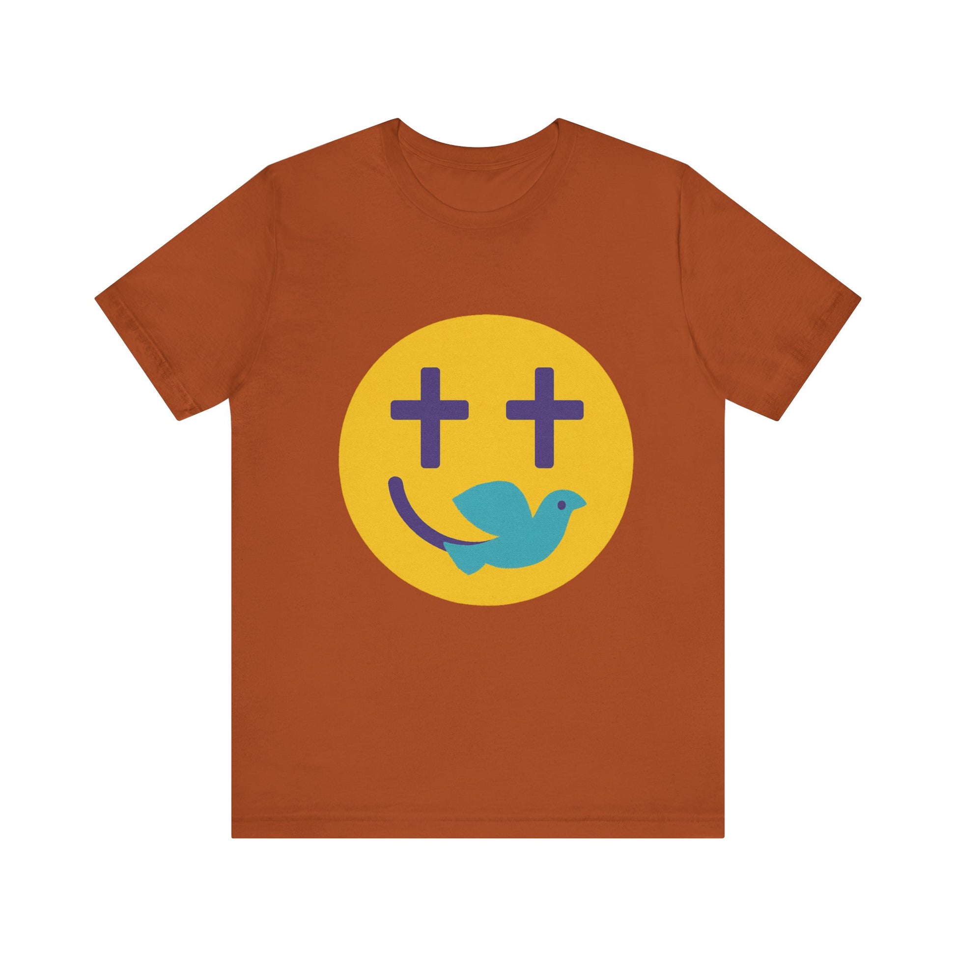 Woman wearing a navy Christian t-shirt with a smiley face design featuring purple cross eyes and a blue dove forming the smile.