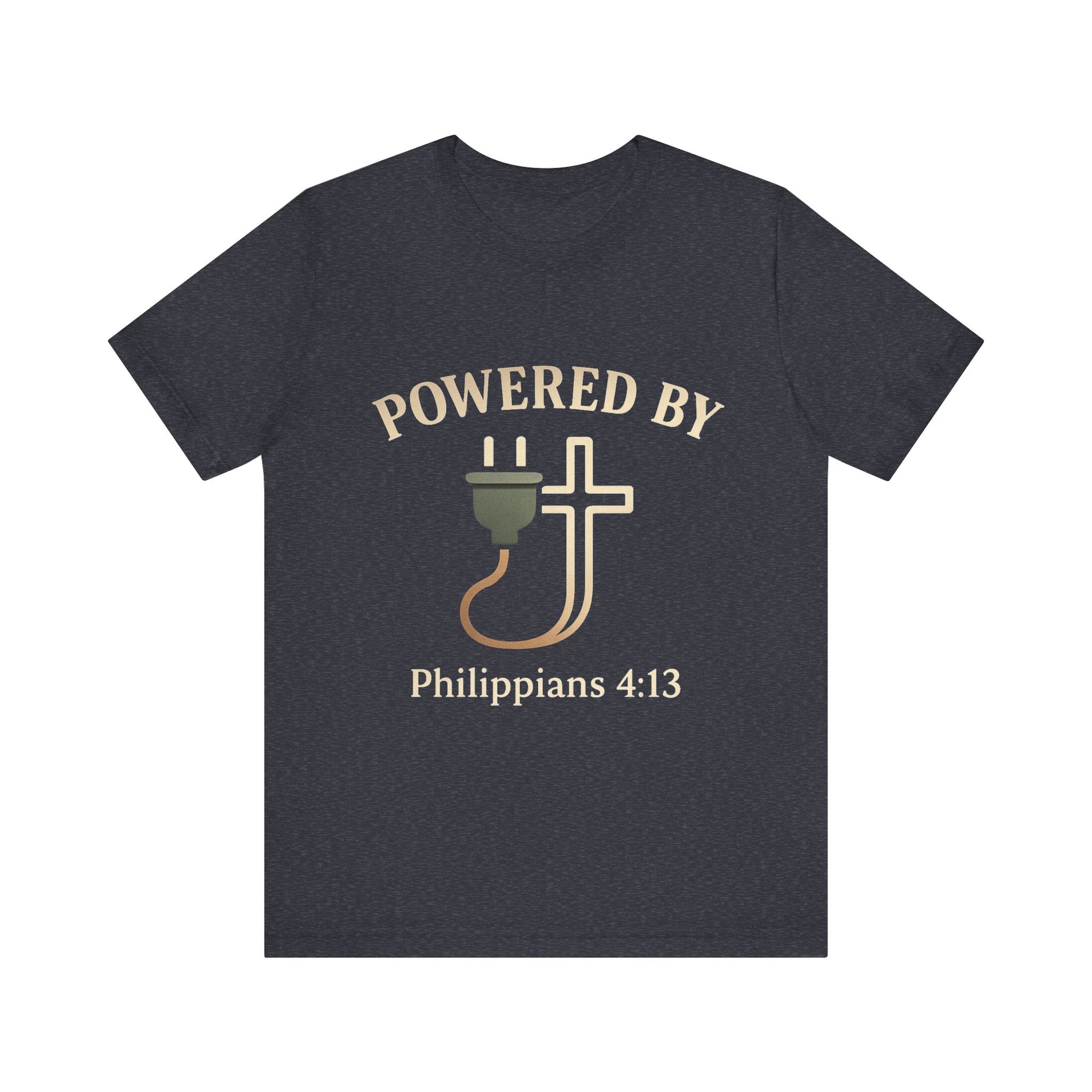 Christian t-shirt with “Powered by Philippians 4:13” text – bold faith-based apparel for men and women.
