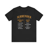 A minimalist design featuring the word "Surrender" in soft, flowing script symbolizing peace, release, and spiritual trust.