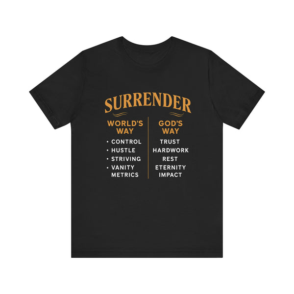 A minimalist design featuring the word "Surrender" in soft, flowing script symbolizing peace, release, and spiritual trust.