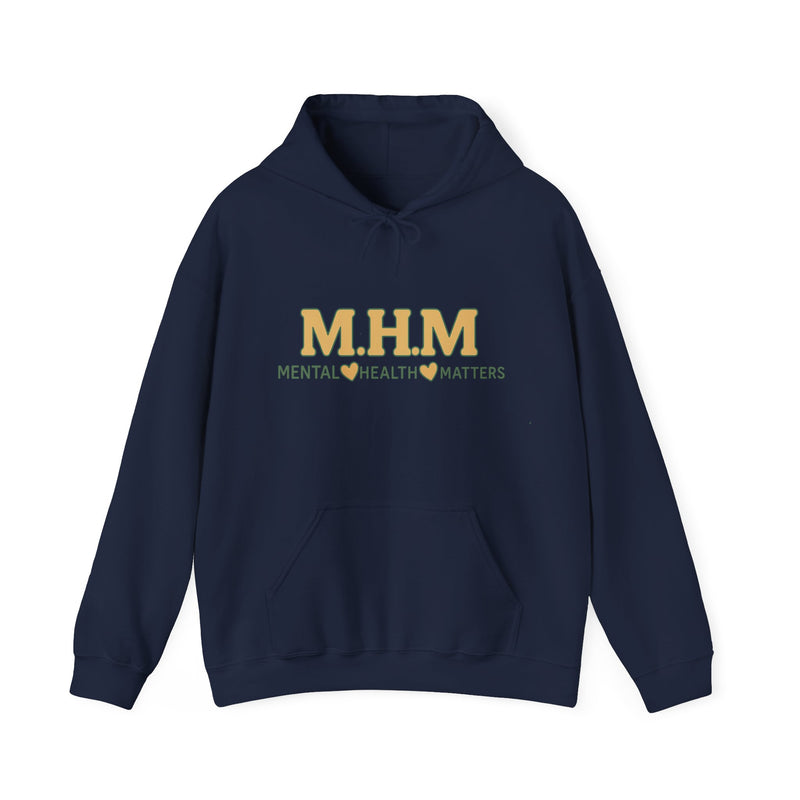 Hoodie design featuring the bold acronym M.H.M with the full text “Mental Health Matters” in modern, expressive lettering.