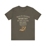 T-shirt design with the phrase "Walk in the manner of the calling you have received" inspired by Ephesians 4:1 – Christian faith apparel