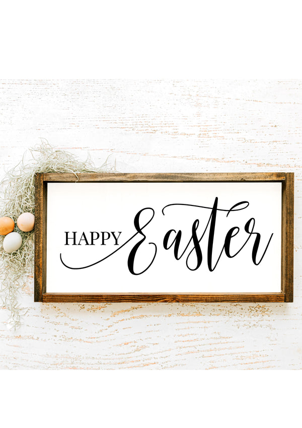 Wooden sign with rustic finish featuring the words “Happy Easter” in soft, elegant script—ideal for spring or holiday home décor.